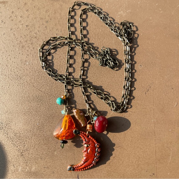 Handmade OOAK Artisan Moon and Amber Lariat Necklace - Picture 3 of 6
